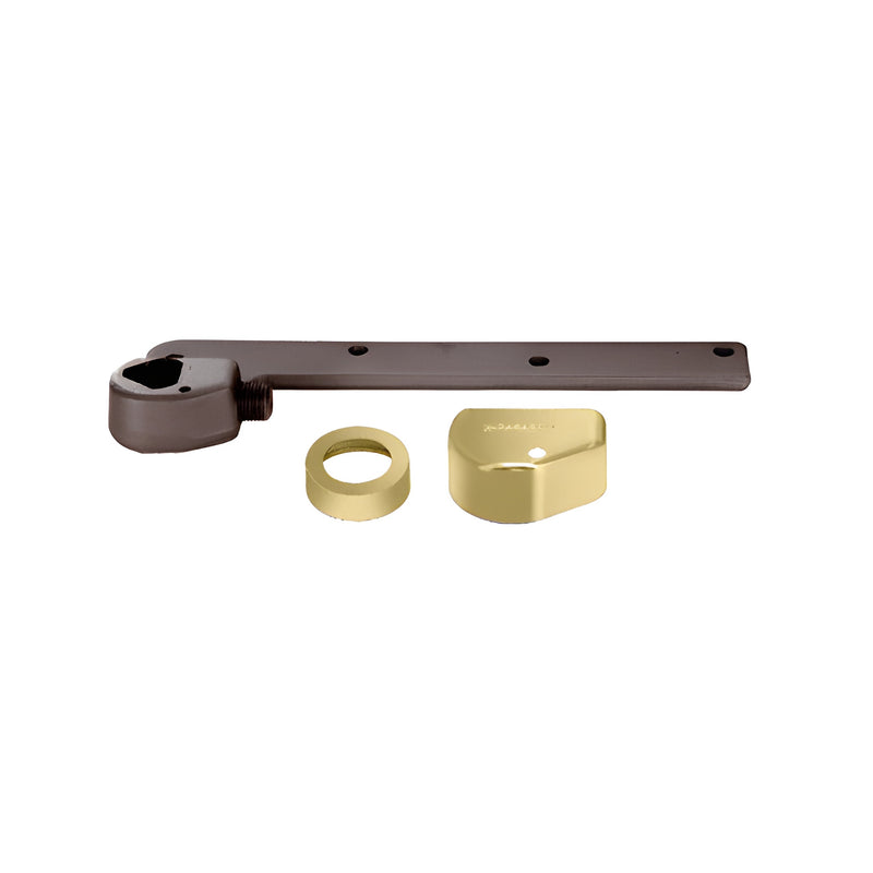 A Rixson 3/4" offset bottom arm assembly for right-hand doors, featuring a metal arm, a polished brass collar, and a matching polished brass cover.