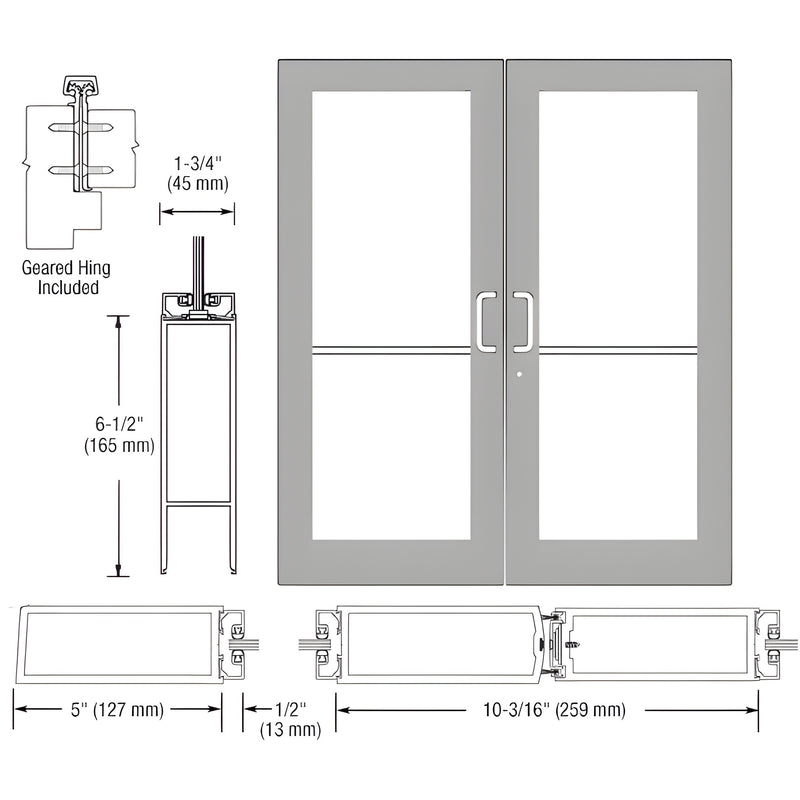 Technical diagram showing the profile and elevation of a pair of Series 550 wide stile aluminum entrance doors with geared hinges.