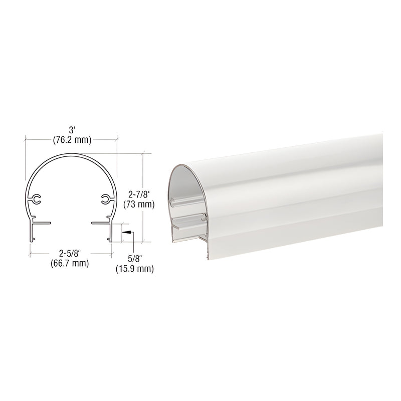 A technical cross-section diagram and a perspective view of the white aluminum 300 Series top rail profile.