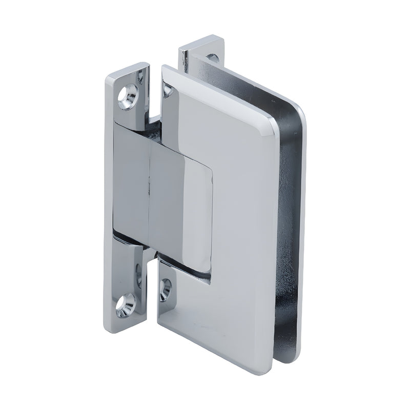 A polished chrome Cologne 037 series wall mount hinge with an H-style back plate shown from an angled perspective.