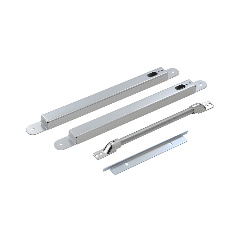 A set of CRL-U.S. Aluminum power transfer components including two rectangular housings, a flexible conduit, and a mounting bracket.
