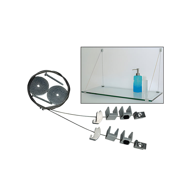 A CRL aluminum cable shelf bracket system kit shown with components and an installed glass shelf example.