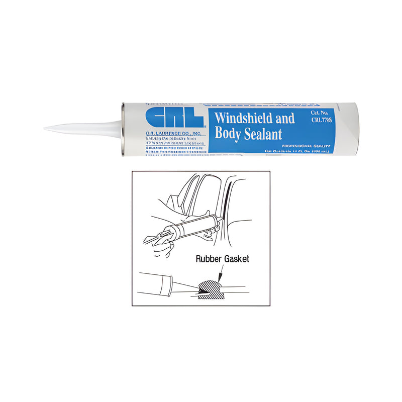 An 11 oz. tube of CRL black windshield and body sealant shown with a diagram illustrating its application to a rubber gasket.