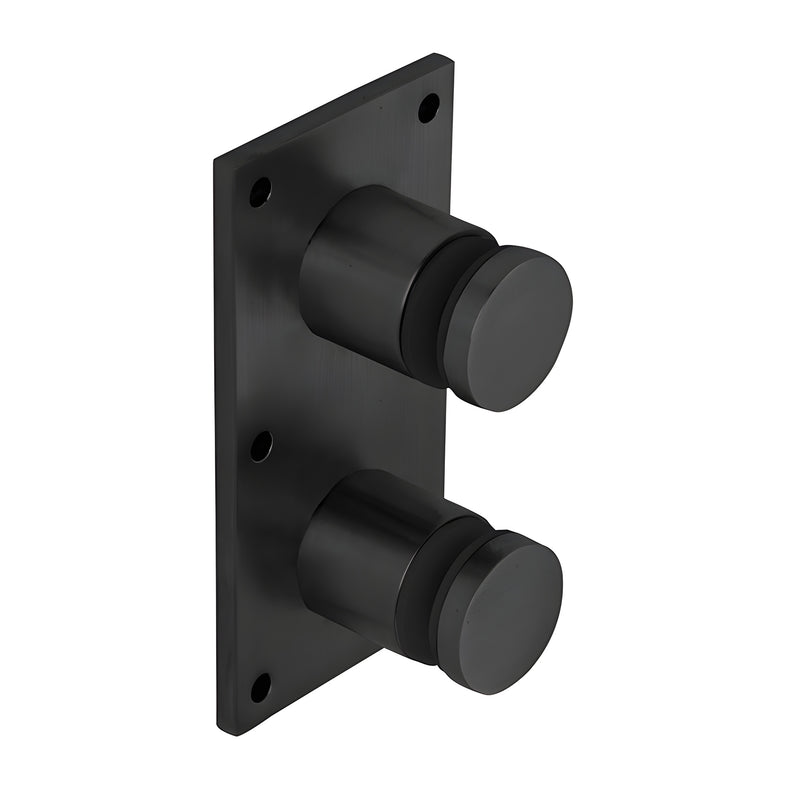 A matte black 316 stainless steel glass rail standoff fitting with an integrated mounting plate.