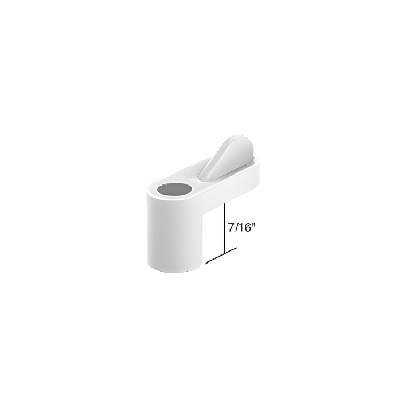 A single white plastic wing-style window screen clip with a 7/16 inch offset measurement.