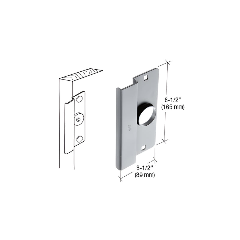 A technical diagram showing a 6-1/2 inch heavy gauge steel latch guard with an aluminum finish for narrow stile flush doors.