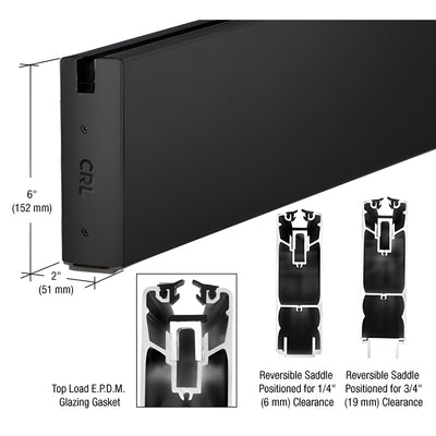 CRL Matte Black 6" Square Sidelite Rails for 1/2" Glass Custom Length