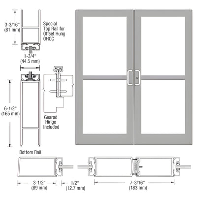 CRL-U.S. Aluminum Clear Anodized Custom Pair Series 400 Medium Stile Offset Hung Geared Hinge Entrance Doors For Panics and Overhead Concealed Door Closers