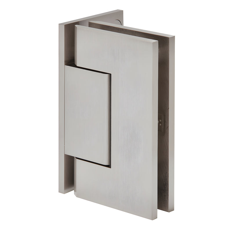 An angled view of the brushed nickel Trento offset back plate hinge showing its brass construction.
