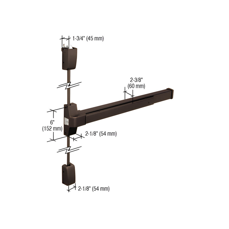 A dark bronze surface vertical rod panic exit device shown with technical dimension labels for installation.