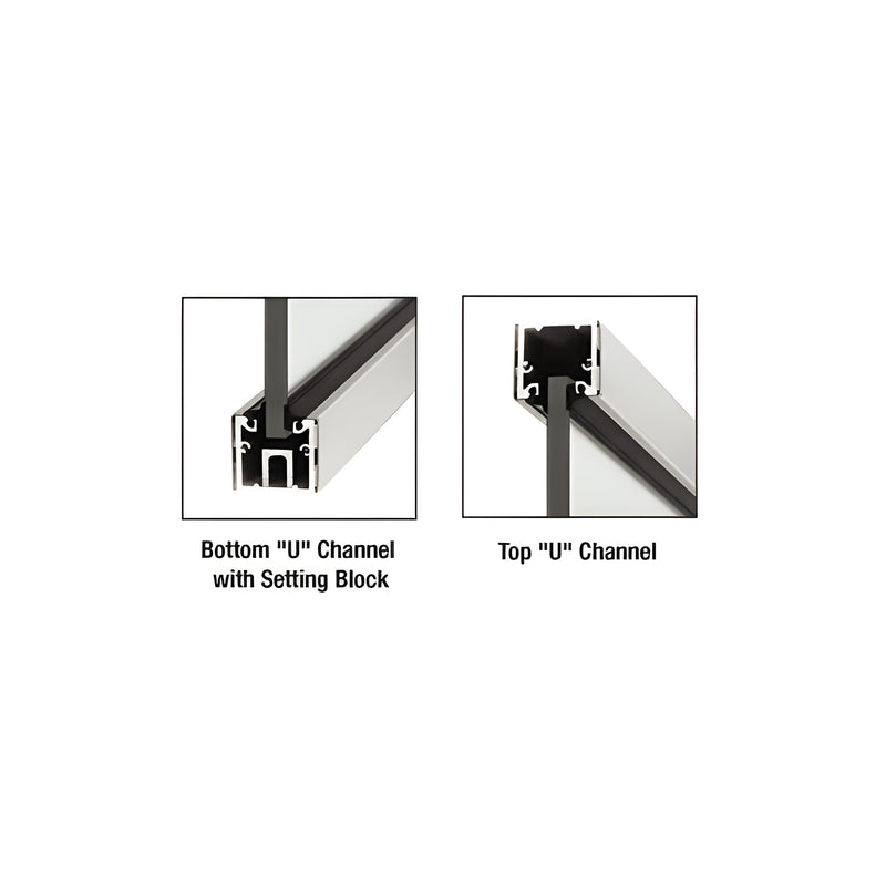 A close-up view showing the brushed stainless aluminum U-channel profile with glass panels installed in both bottom and top configurations.