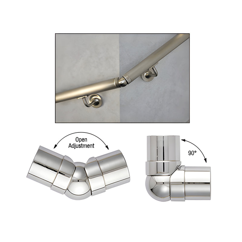 A polished stainless steel adjustable flush corner fitting for 1-1/2 inch tubing shown in various angled positions.