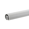 A section of satin anodized aluminum cap rail showing the U-shaped channel for glass installation.