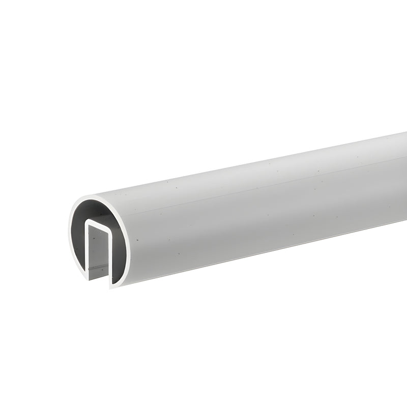 A section of satin anodized aluminum cap rail showing the U-shaped channel for glass installation.
