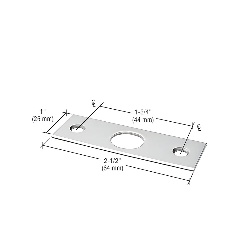 A technical diagram of a rectangular clear anodized strike plate showing its 2-1/2 inch length and 1 inch width dimensions.