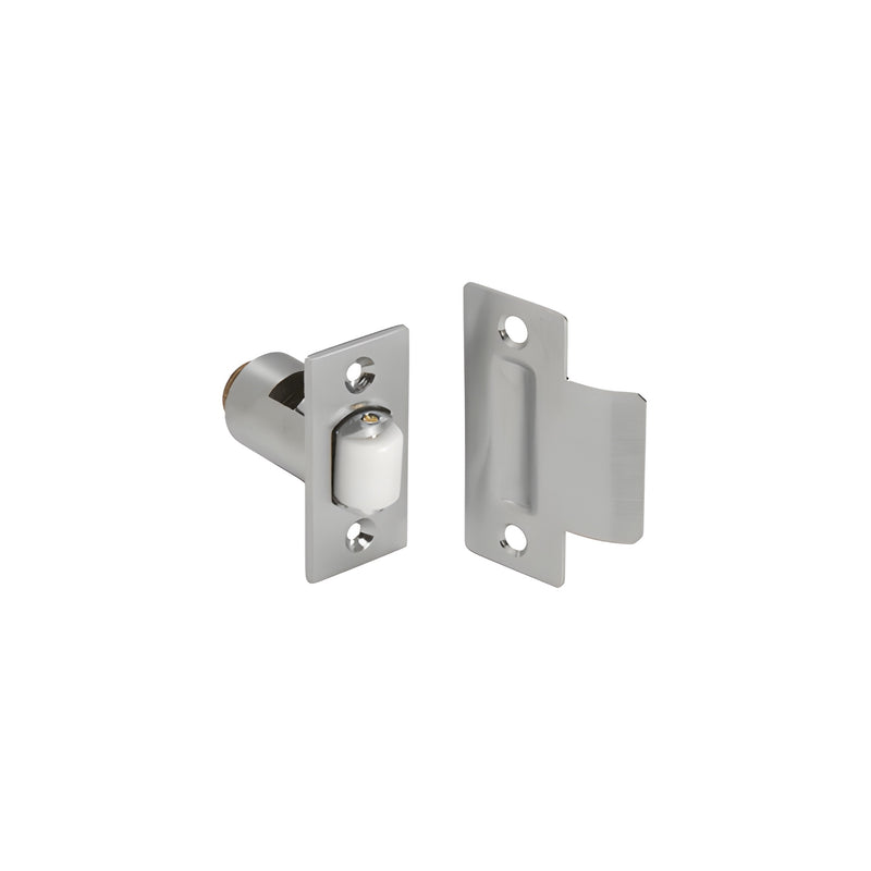 A satin chrome nylon roller catch and matching strike plate for door installation.