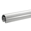 A close-up view of a polished stainless steel cap rail featuring a U-shaped channel for glass installation.