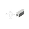 A technical diagram and perspective view of the 1-1/2 inch square extruded aluminum cap rail with a 1 inch wide glass pocket.