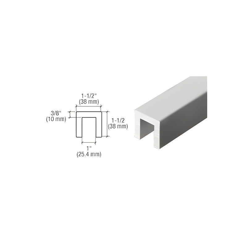 A technical diagram and perspective view of the 1-1/2 inch square extruded aluminum cap rail with a 1 inch wide glass pocket.