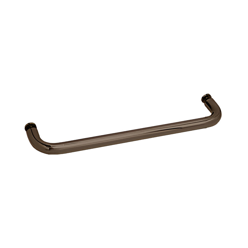 A 24-inch oil rubbed bronze single-sided towel bar with a tubular brass design for glass mounting.