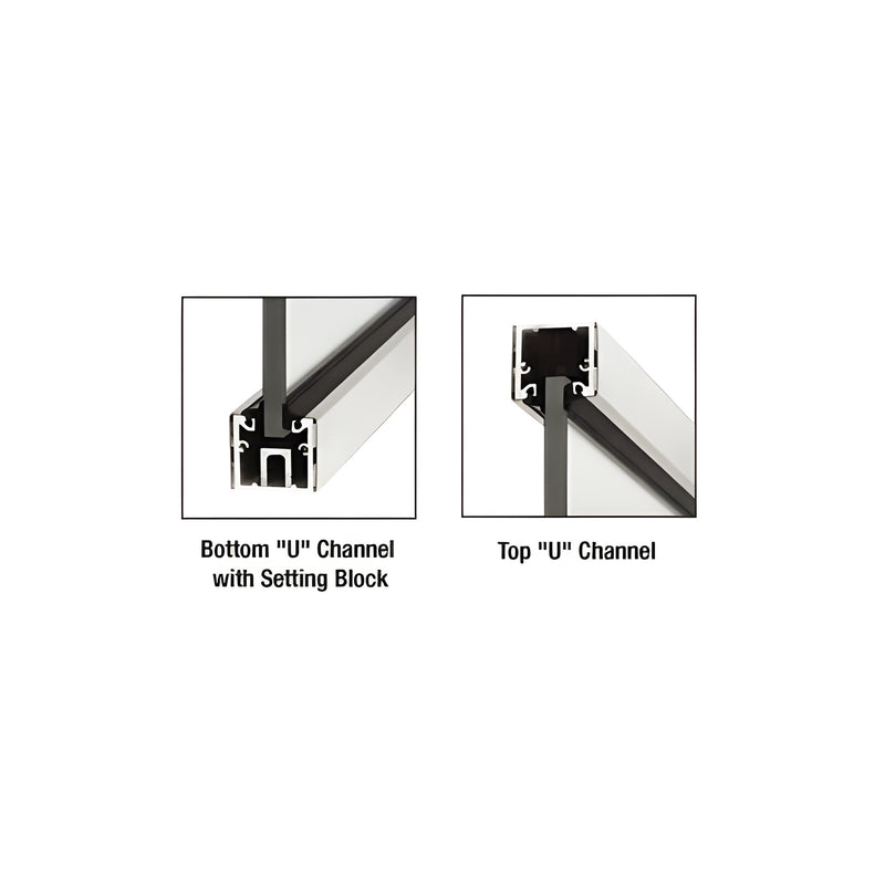 A cross-section view showing satin anodized aluminum U-channels securing glass panels with roll-in gaskets.