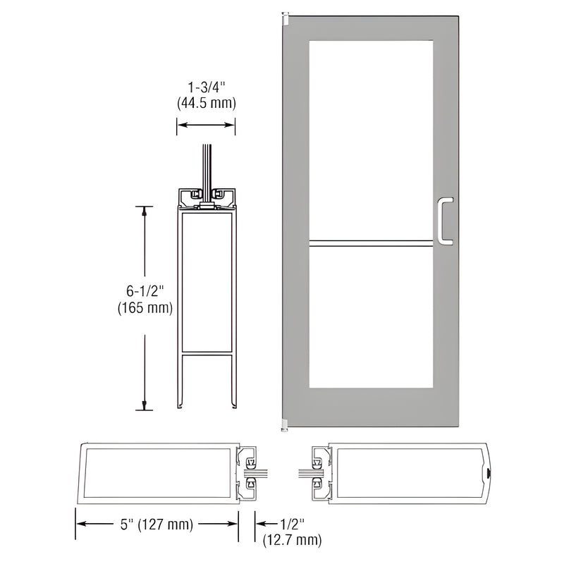 Technical diagram showing the profile and elevation of a 550 Series wide stile inactive door leaf with clear anodized finish.