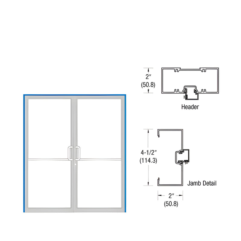 A technical diagram showing the header and jamb profile for a 2" x 4-1/2" open back door frame alongside a pair of doors.