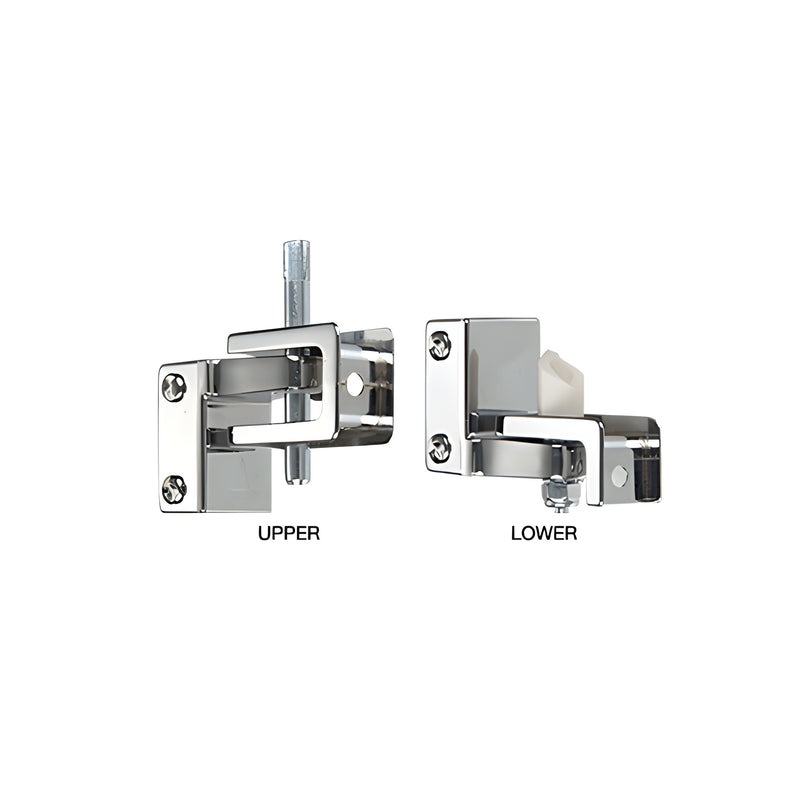 The upper and lower components of a chrome-plated zinc gravity hinge assembly for restroom partitions are displayed side-by-side.