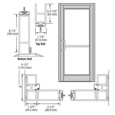 CRL-U.S. Aluminum Clear Anodized Custom Single Series 800 Durafront Medium Stile Offset Pivot Entrance Door For Panic and Surface Mount Door Closer