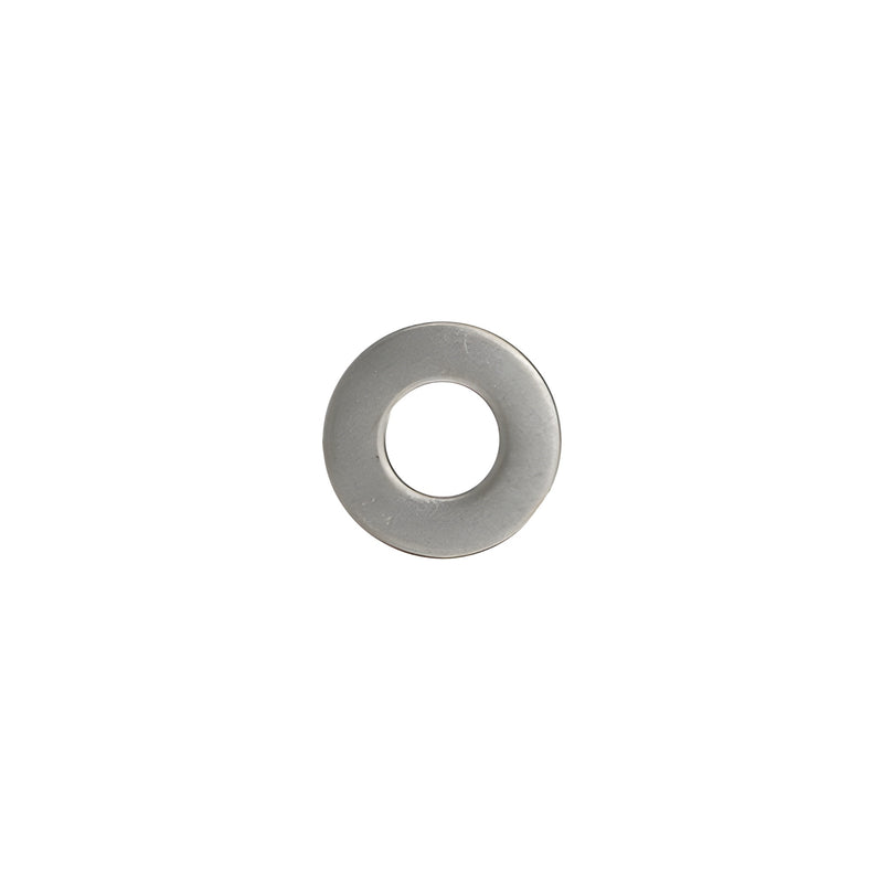 A circular stainless steel flat washer with a center hole for 3/8"-16 standoff hardware.