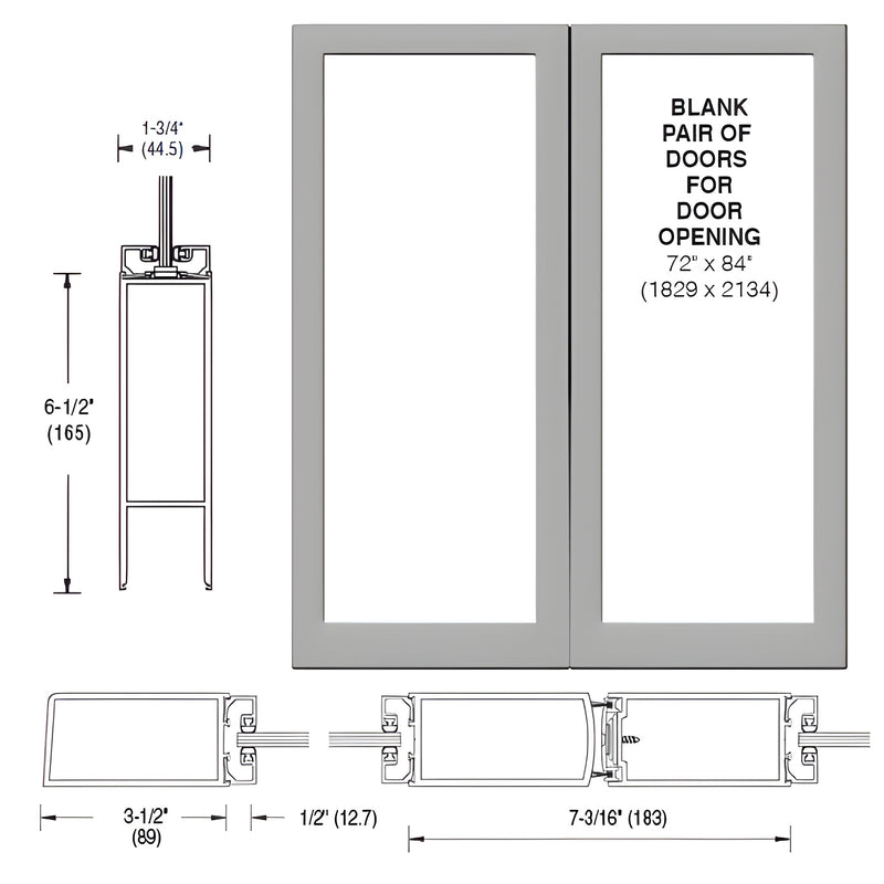 A technical diagram showing the profile and dimensions of a blank pair of medium stile offset hung entrance doors with a custom Kynar finish.
