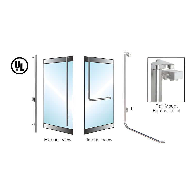 A technical diagram showing the exterior and interior views of a polished stainless steel rail mount electronic egress control handle for glass doors.