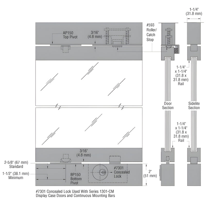 Technical diagram showing the assembly of a CRL-Blumcraft 1301-CM display case door and sidelite with mounting bars and concealed lock.