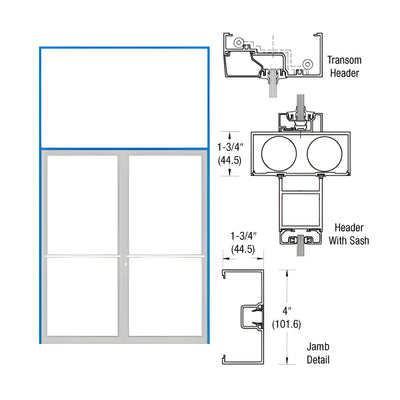 CRL-U.S. Aluminum Clear Anodized 1-3/4" x 4" Open Back Transom Frame for Pair of Doors Prepped for Center Hung Overhead Concealed Closers