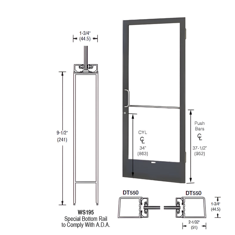 A technical diagram showing the dimensions and components of a CRL-U.S. Aluminum 250 Series narrow stile door with a 9-1/2 inch bottom rail.