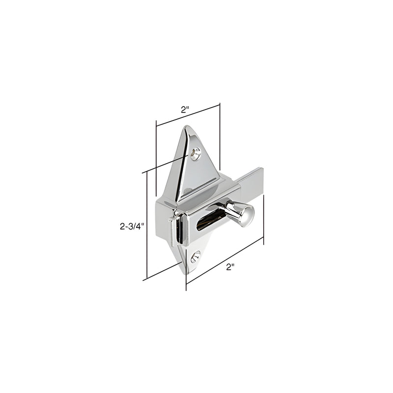 A chrome slide latch for restroom partitions shown with dimension lines indicating a height of 2-3/4 inches and a width of 2 inches.