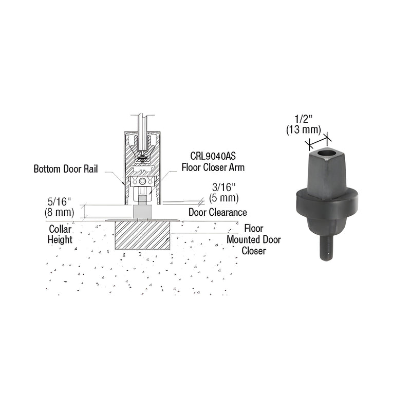 A technical diagram and product photo showing the aluminum Mab type spindle with a 5/16 inch collar height and square tapered design.