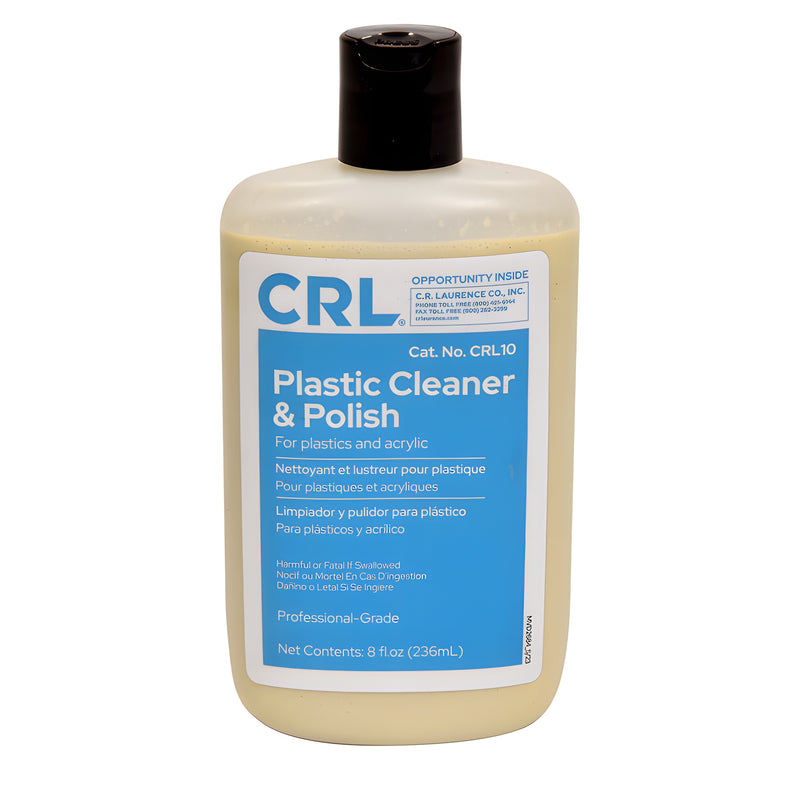 An 8 oz. bottle of CRL Plastic Cleaner and Polish featuring a white label with blue text and a black flip-top cap.