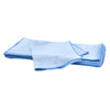 A stack of blue premium glass cleaning cloths with stitched edges.