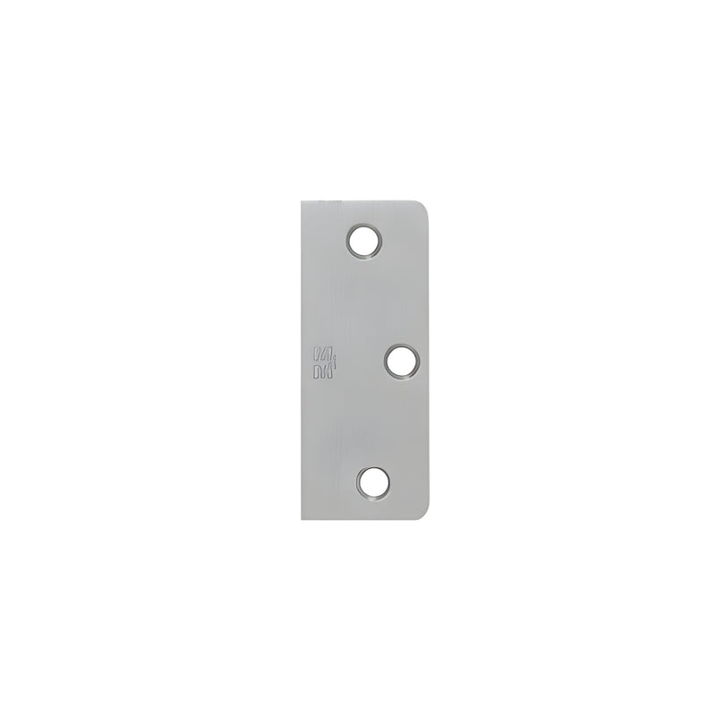 A rectangular dull chrome hinge filler plate featuring three screw holes and 1/4 inch radius corners.