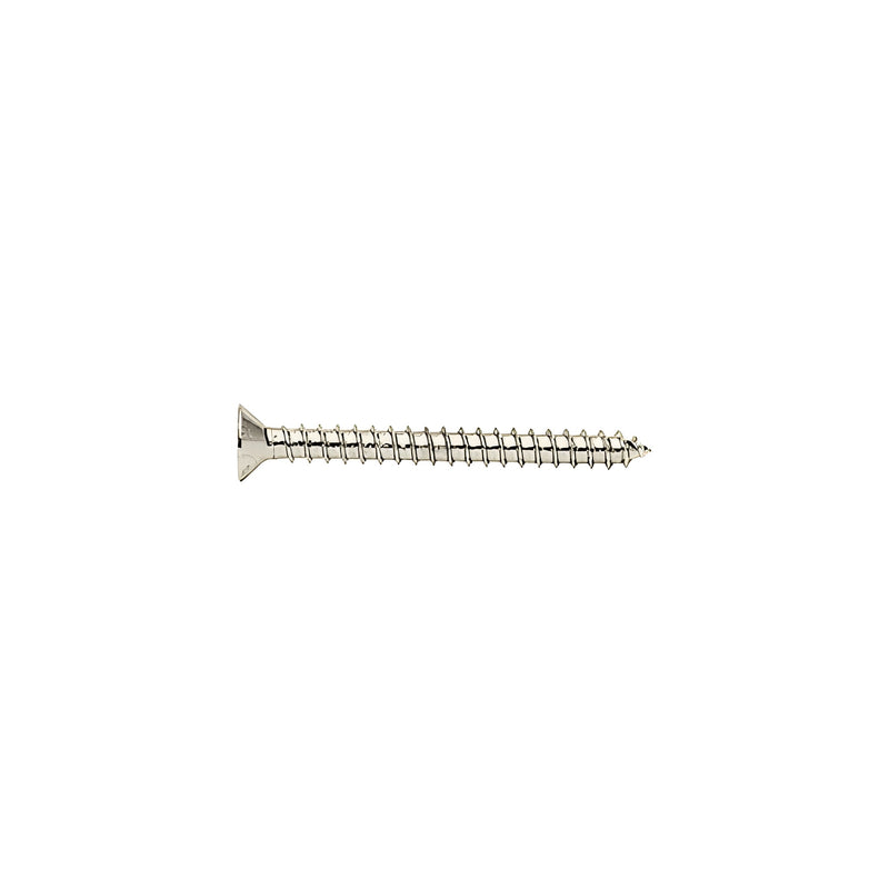 A single polished nickel flat head Phillips sheet metal screw shown from a side profile view.