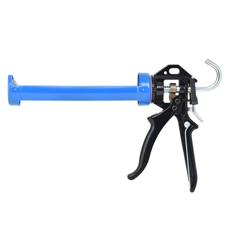 A side view of the blue and black CRL Cox Chilton 12 to 1 ratio deluxe strap frame caulking gun.