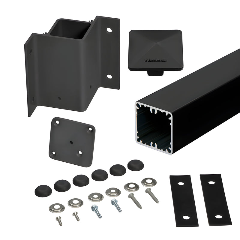 A matte black aluminum 100 Series 90-degree inside fascia mount post kit including a post, mounting bracket, cap, and hardware.