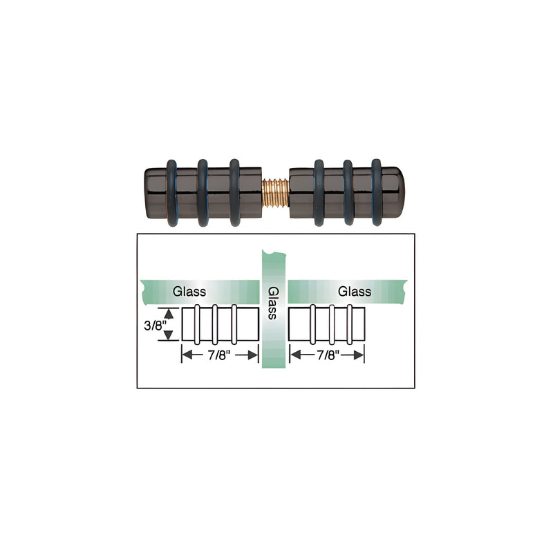 A black brass double glass shelf support shown with a technical diagram illustrating its dimensions and installation between glass panels.