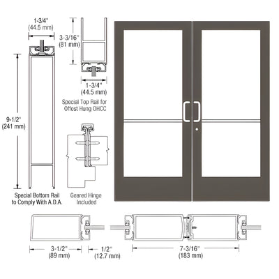 CRL-U.S. Aluminum Bronze Black Anodized Custom Pair Series 400 Medium Stile Geared Hinge Entrance Door for Overhead Concealed Door Closers