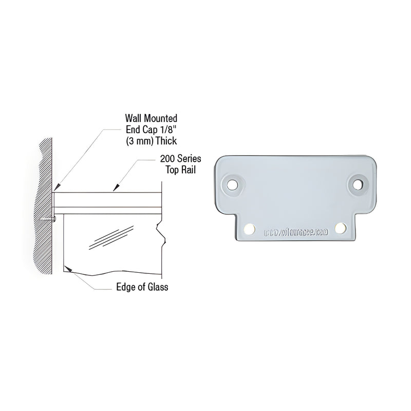 A technical diagram and product view showing the 1/8 inch thick wall-mounted end cap for a 200 Series top rail system.