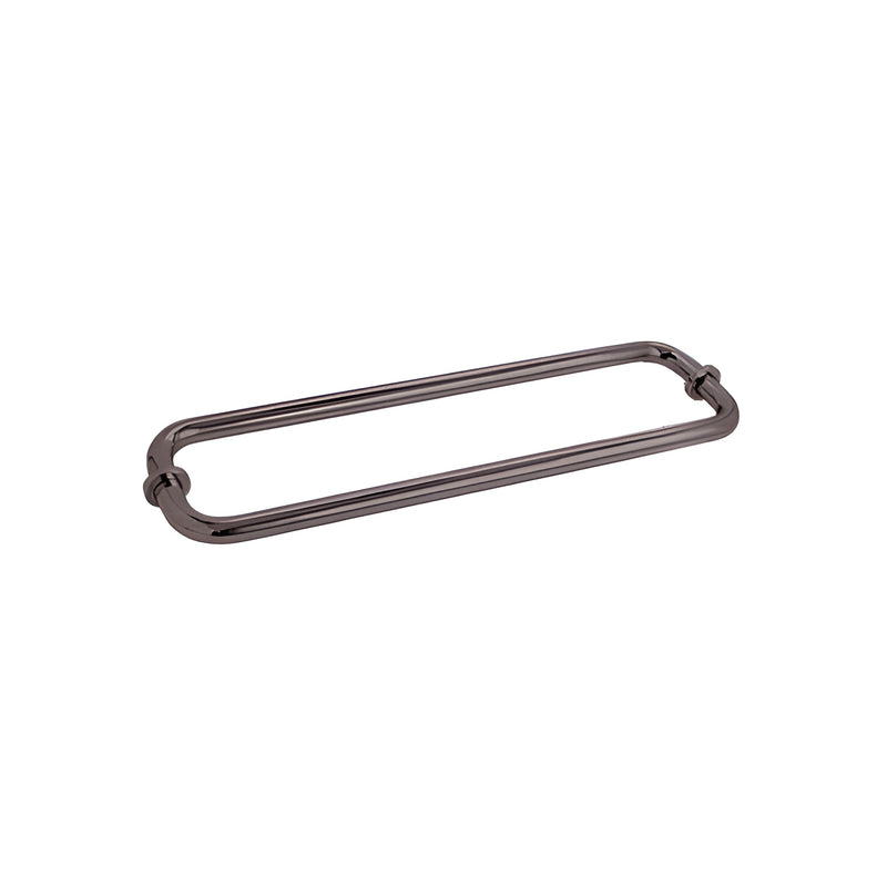 A 12-inch oil rubbed bronze back-to-back tubular towel bar with metal washers for glass shower doors.