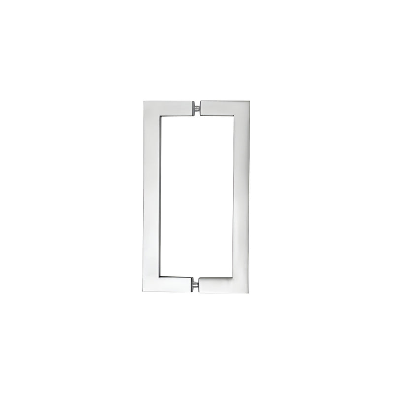 A brushed stainless steel square tube back-to-back pull handle for glass mounting.