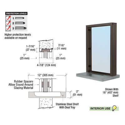 CRL Duranodic Bronze Anodized Standard Inset Frame Interior Glazed Exchange Window with 12" Shelf and Deal Tray