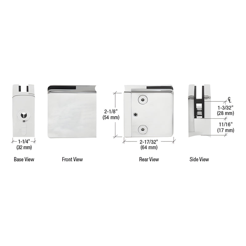 Technical diagram showing the base, front, rear, and side views of a brushed stainless steel radius base clamp for glass panels.